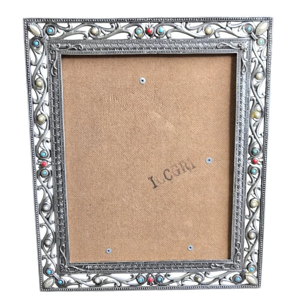 Thomasville Ornate Silver Tone 13x11 Turquoise Pearl Jeweled 10x15‎ Photo Frame